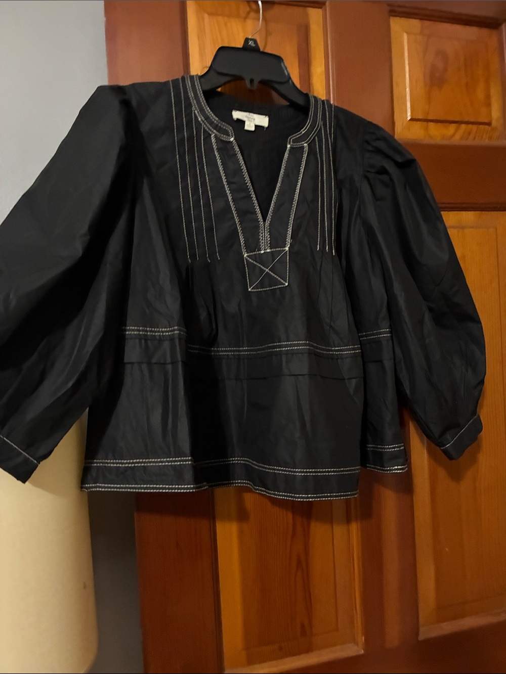 entro Black Peasant Blouse with White Topstitching